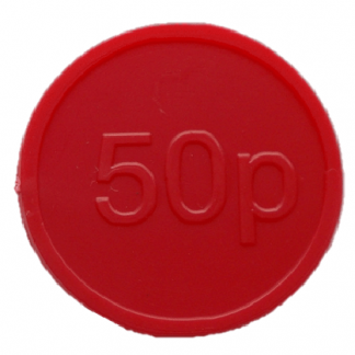 25mm Red Embossed 50p Currency Tokens